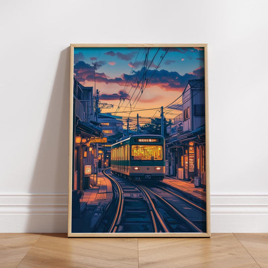 Urban Japan Sunset Train Poster Art, Aesthetic Wall Decor, Japanese Street Scene, Travel Gift,Home & Office Wall Art, Home Decor, Cozy Vibes