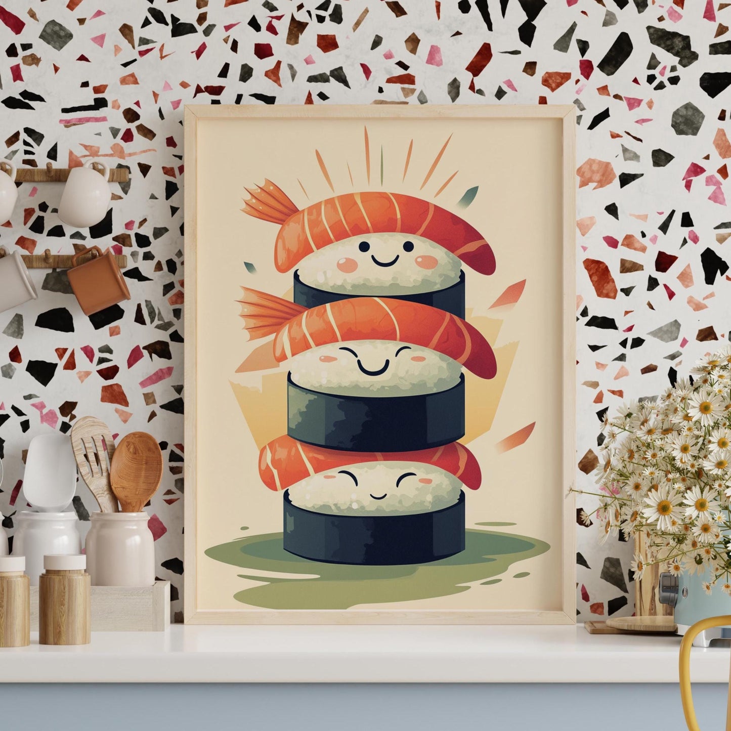 Cute Sushi Stack Matte Poster, Kawaii Decor, Kitchen Wall Art, Sushi Lover Gift, Home Decoration, Fun Dining Room Art, Cozy Vibes, Cute Art