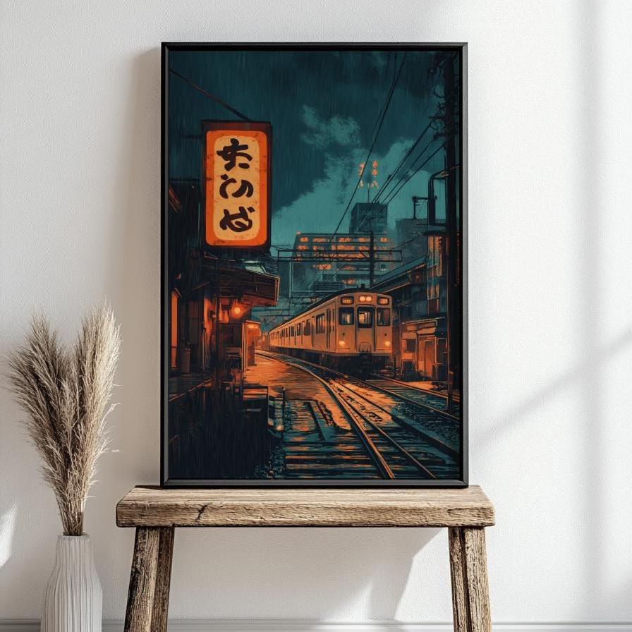 Moody Train Station Art Print - Matte Vertical Posters, Wall Decor, Home Office Artwork, Japanese Aesthetic, Vintage Travel Art