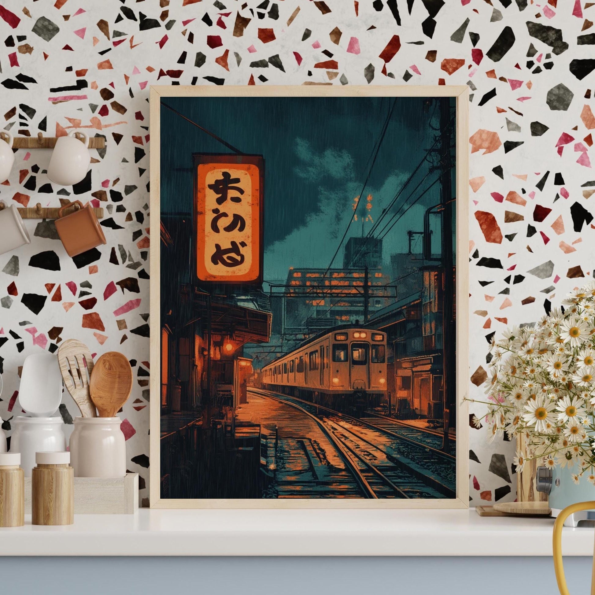 Moody Train Station Art Print - Matte Vertical Posters, Wall Decor, Home Office Artwork, Japanese Aesthetic, Vintage Travel Art