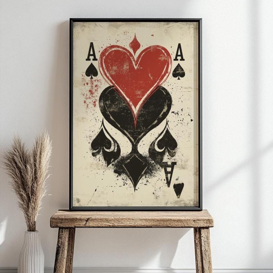 Grunge Playing Card Wall Art – Ace of Spades and Hearts Poster – Vintage Poker Print for Game Room, Bar, or Man Cave Decor