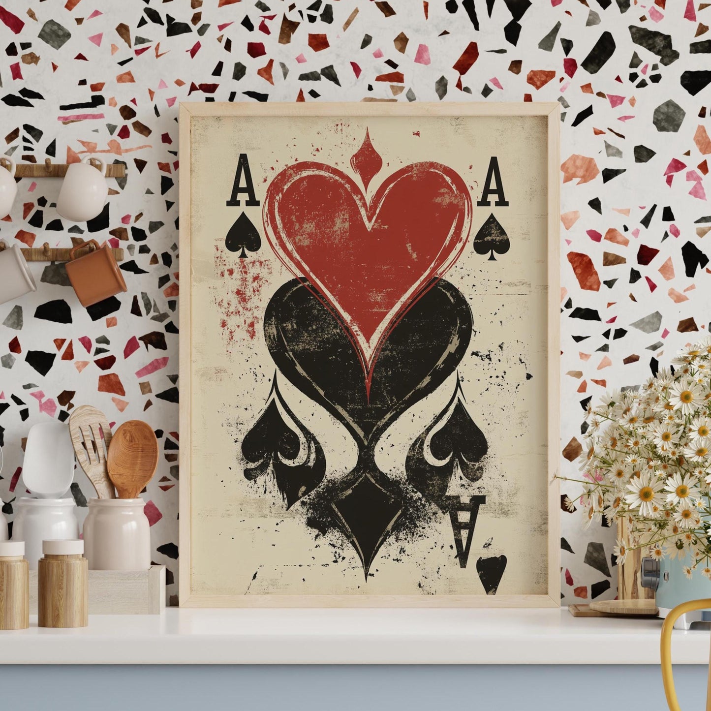 Grunge Playing Card Wall Art – Ace of Spades and Hearts Poster – Vintage Poker Print for Game Room, Bar, or Man Cave Decor