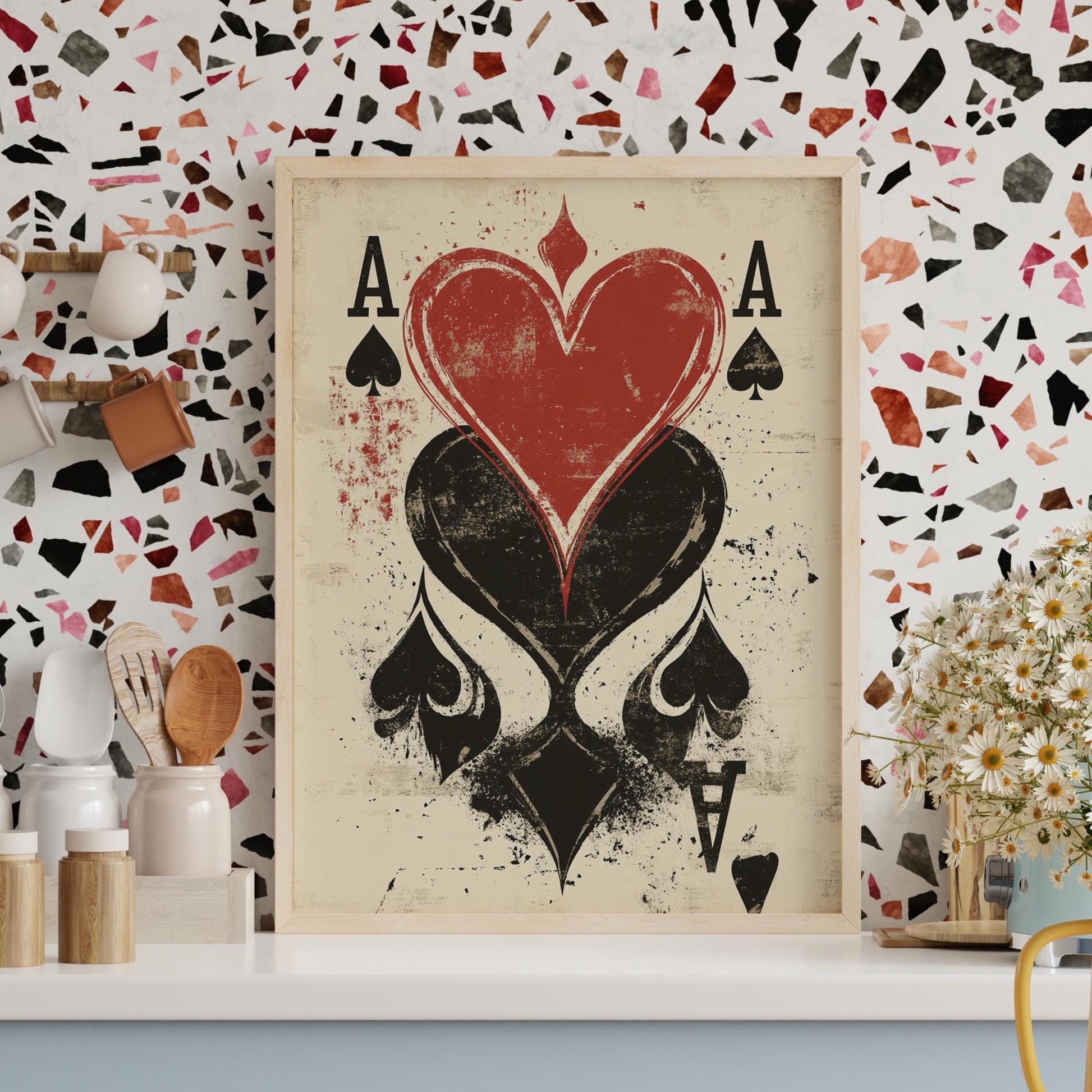 Grunge Playing Card Wall Art – Ace of Spades and Hearts Poster – Vintage Poker Print for Game Room, Bar, or Man Cave Decor