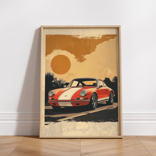 Retro Racing Car Poster – Vintage Sports Car Wall Art, Sunset Road Print, Bold Stripe Auto Decor, Classic Driver Gift for Him