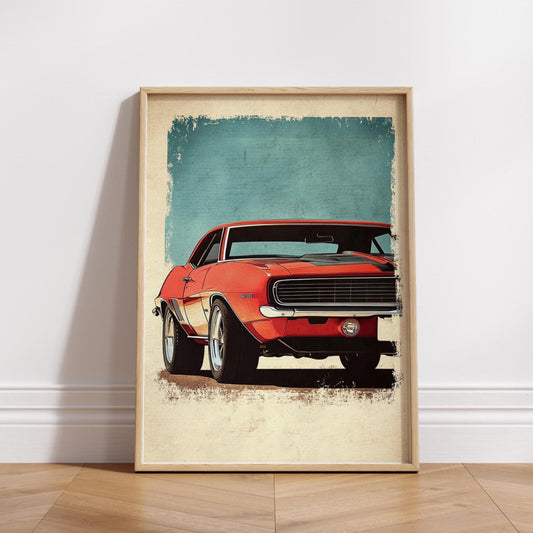 Classic Muscle Car Poster – Vintage American Auto Wall Art, Bold Red Camaro Print, Retro Garage Decor, Gift for Car Lovers