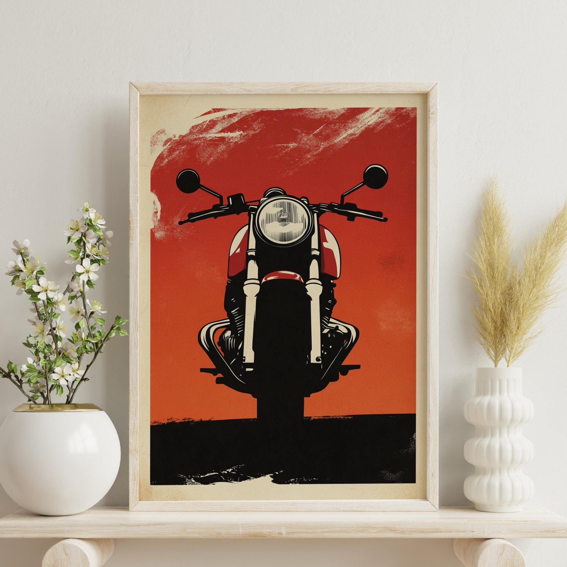 Cafe Racer Motorcycle Poster – Retro Head-On Bike Wall Art, Bold Red Moto Print, Minimalist Garage Decor, Vintage Biker Gift for Him