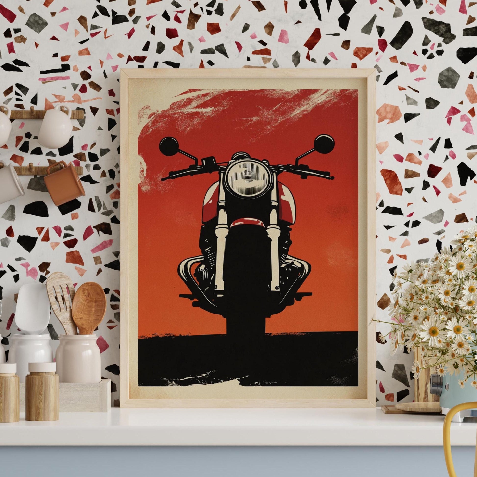 Cafe Racer Motorcycle Poster – Retro Head-On Bike Wall Art, Bold Red Moto Print, Minimalist Garage Decor, Vintage Biker Gift for Him