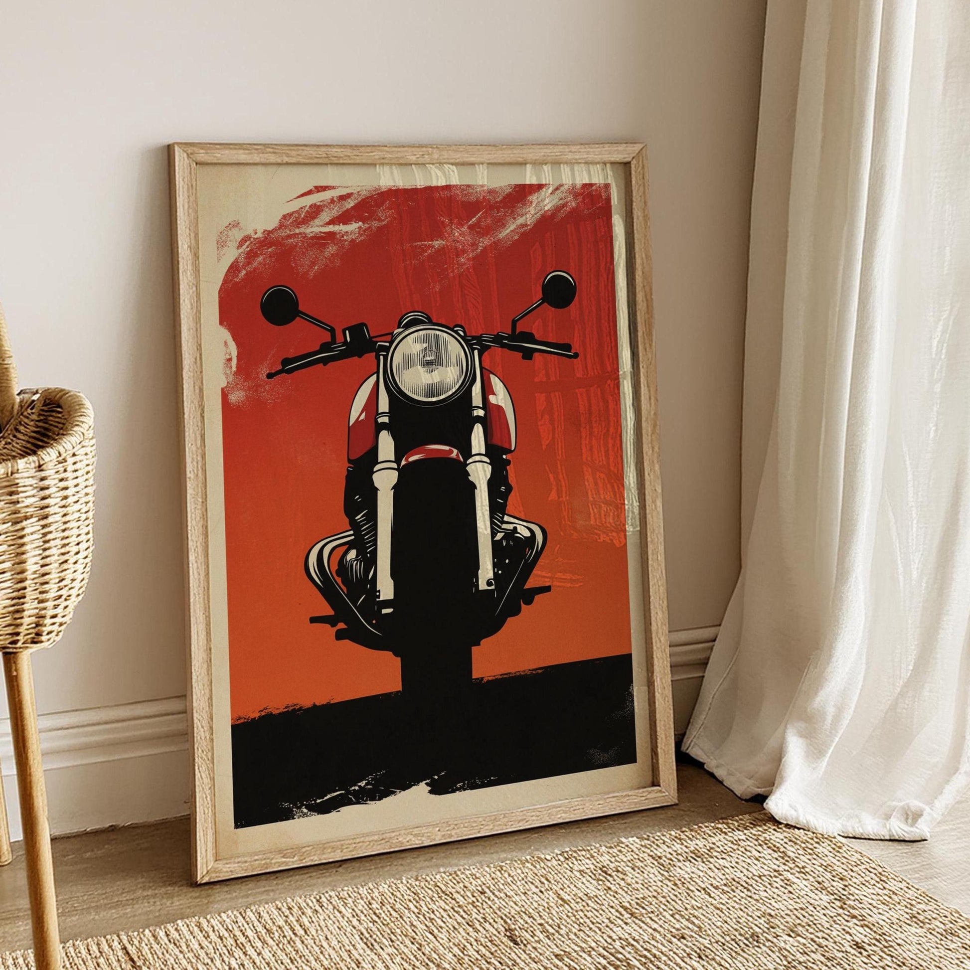 Cafe Racer Motorcycle Poster – Retro Head-On Bike Wall Art, Bold Red Moto Print, Minimalist Garage Decor, Vintage Biker Gift for Him