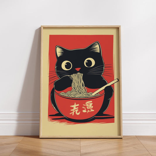 Kawaii Cat Noodle Poster, Kitchen Wall Art, Japanese Food Decor, Animal Lover Gift, Adorable Home Decoration, Japanese Poster, Black Cat