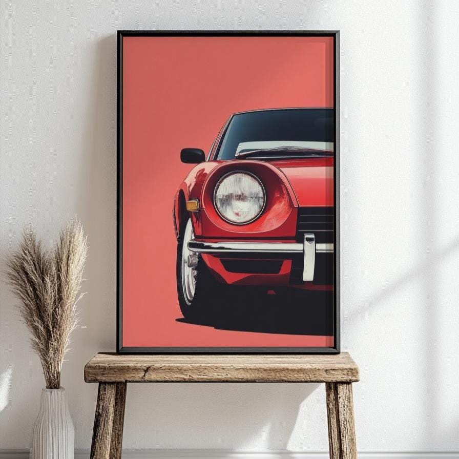 Datsun 240Z Front View Poster – Retro JDM Sports Car Wall Art, Minimalist Auto Print, Red Classic Decor, Gift for Car Enthusiasts