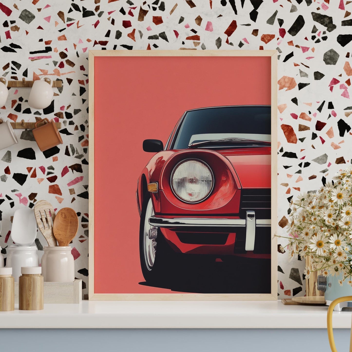 Datsun 240Z Front View Poster – Retro JDM Sports Car Wall Art, Minimalist Auto Print, Red Classic Decor, Gift for Car Enthusiasts
