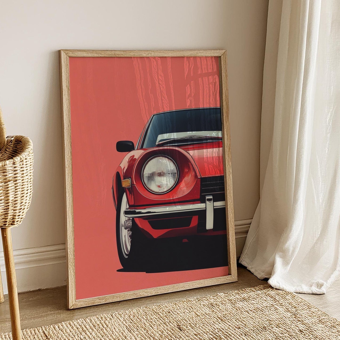 Datsun 240Z Front View Poster – Retro JDM Sports Car Wall Art, Minimalist Auto Print, Red Classic Decor, Gift for Car Enthusiasts