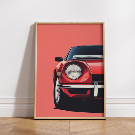 Datsun 240Z Front View Poster – Retro JDM Sports Car Wall Art, Minimalist Auto Print, Red Classic Decor, Gift for Car Enthusiasts