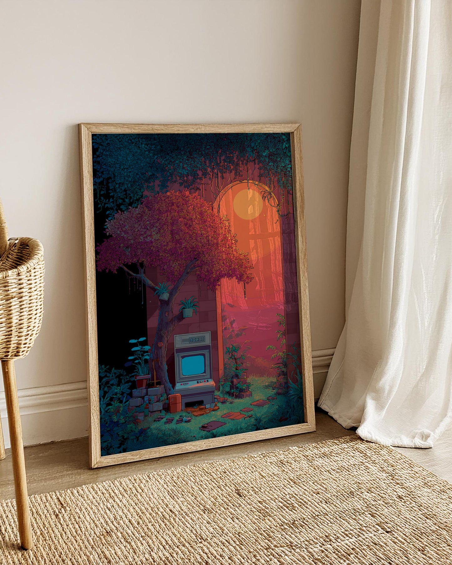 Retro Sunset Wall Art Poster, Vintage Aesthetic Decor, Nature Print, Home Office Art, Gifts for Gamers, Nostalgic Decor