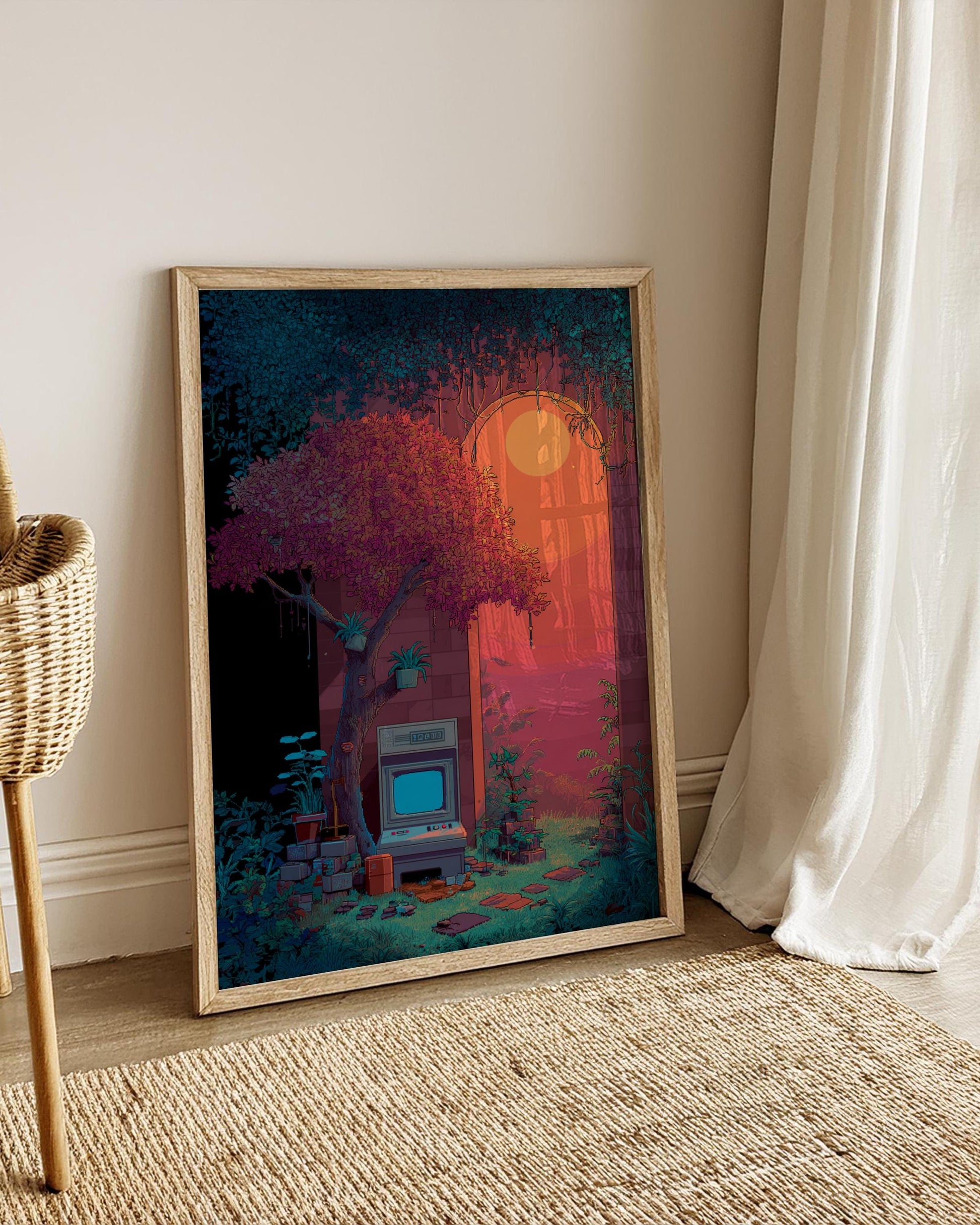 Retro Sunset Wall Art Poster, Vintage Aesthetic Decor, Nature Print, Home Office Art, Gifts for Gamers, Nostalgic Decor