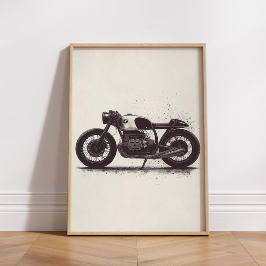 Cafe Racer Motorcycle Poster Print – Vintage BMW Bike Wall Art, Retro Garage Decor, Minimalist Ink Style Biker Gift for Him