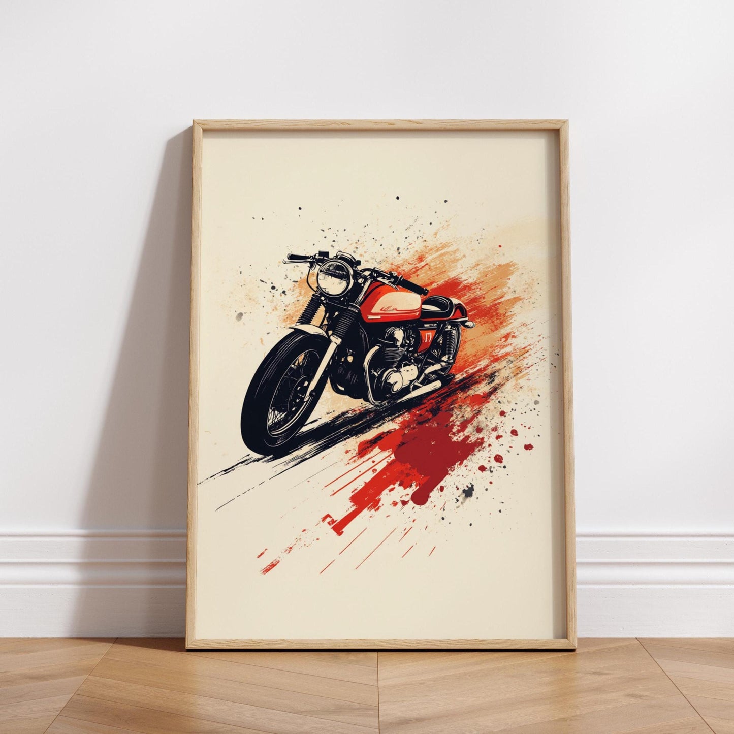 Red Cafe Racer Motorcycle Art Print – Retro Bike Poster, Grunge Wall Decor, Bold Biker Artwork, Garage or Man Cave Gift for Him