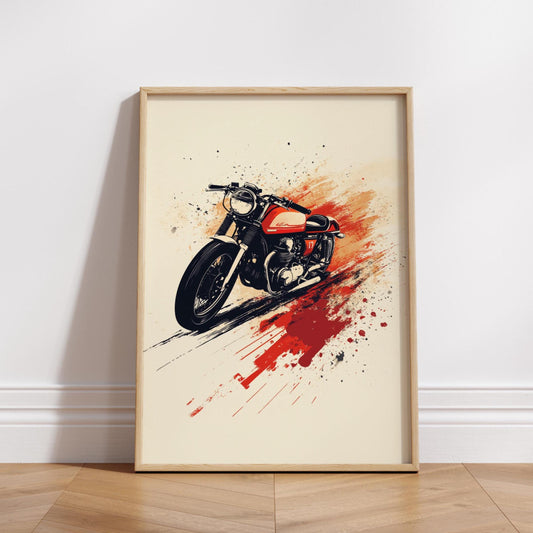 Red Cafe Racer Motorcycle Art Print – Retro Bike Poster, Grunge Wall Decor, Bold Biker Artwork, Garage or Man Cave Gift for Him