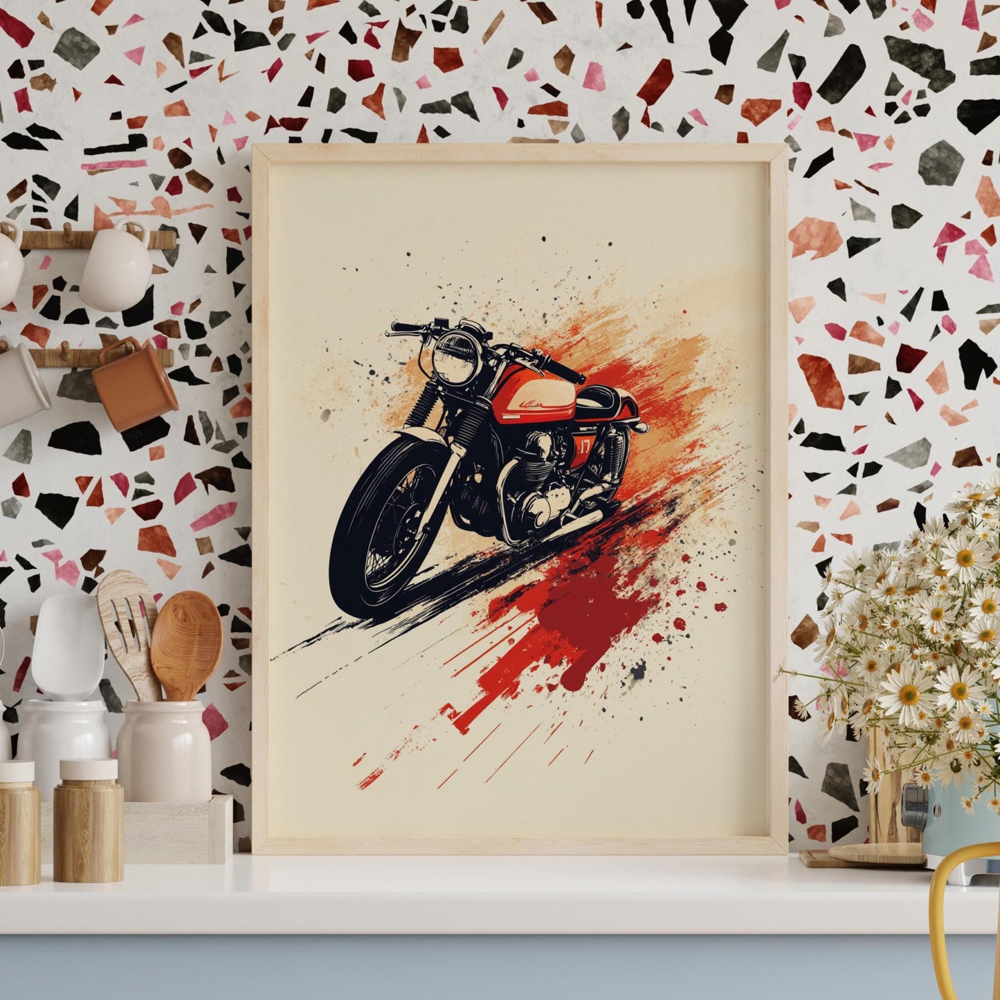 Red Cafe Racer Motorcycle Art Print – Retro Bike Poster, Grunge Wall Decor, Bold Biker Artwork, Garage or Man Cave Gift for Him