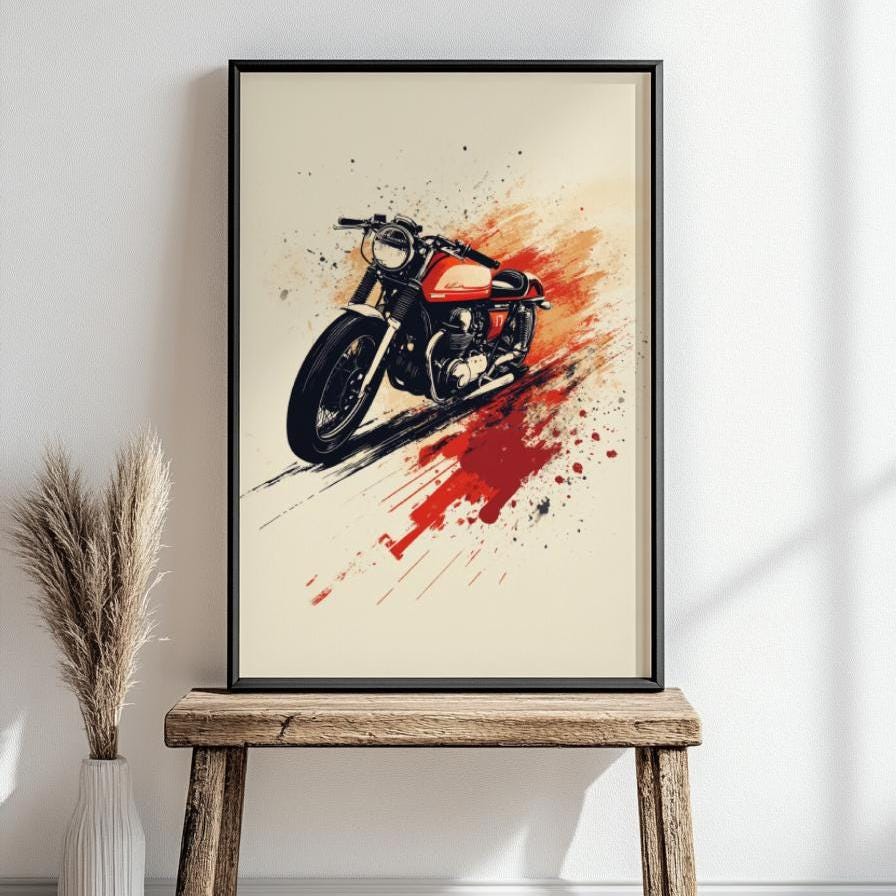Red Cafe Racer Motorcycle Art Print – Retro Bike Poster, Grunge Wall Decor, Bold Biker Artwork, Garage or Man Cave Gift for Him