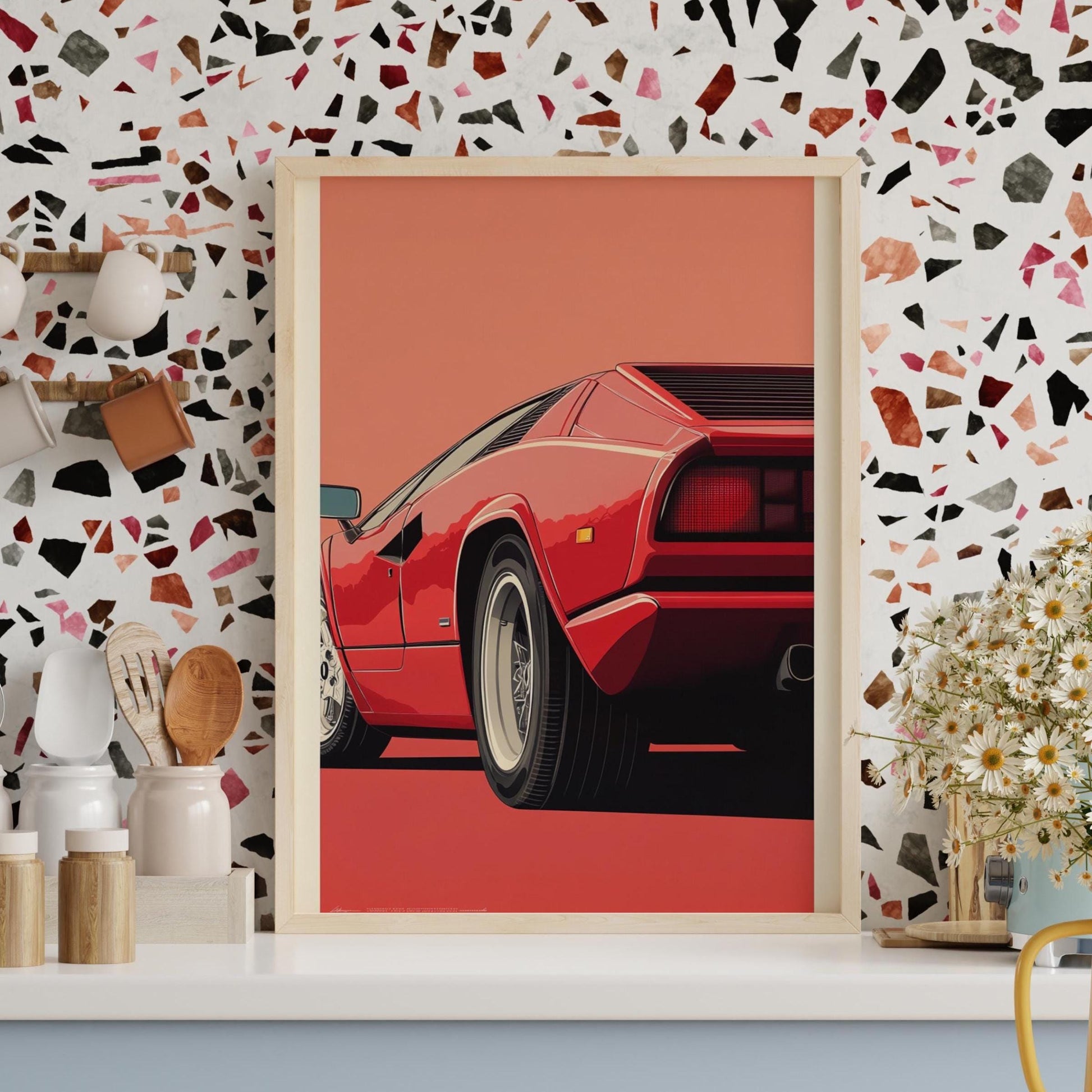 Retro 80s Supercar Poster – Red Exotic Car Wall Art, Vintage Garage Decor, Minimalist Auto Print, Sports Car Gift for Him