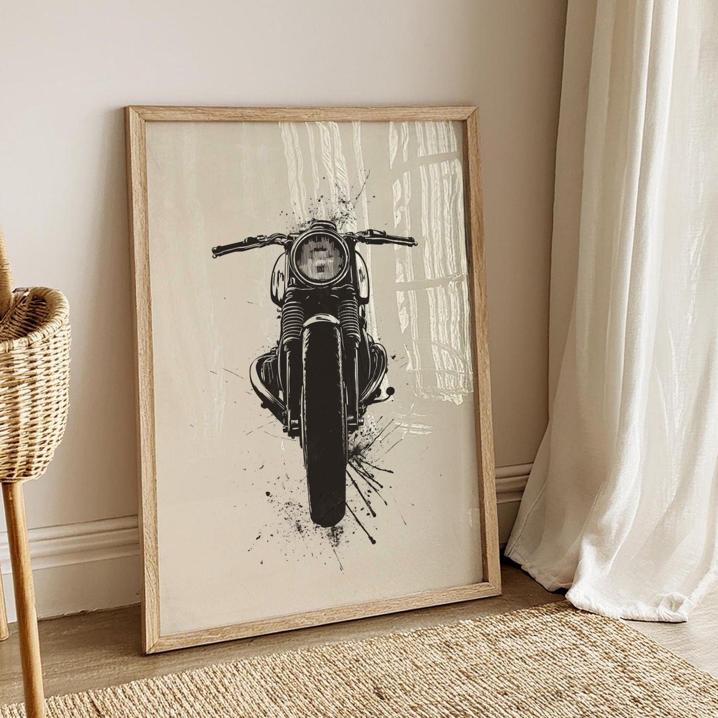 Cafe Racer Front View Poster – Minimalist Motorcycle Art Print, Black Ink Style Wall Decor, Biker Garage Gift, Bold Moto Artwork