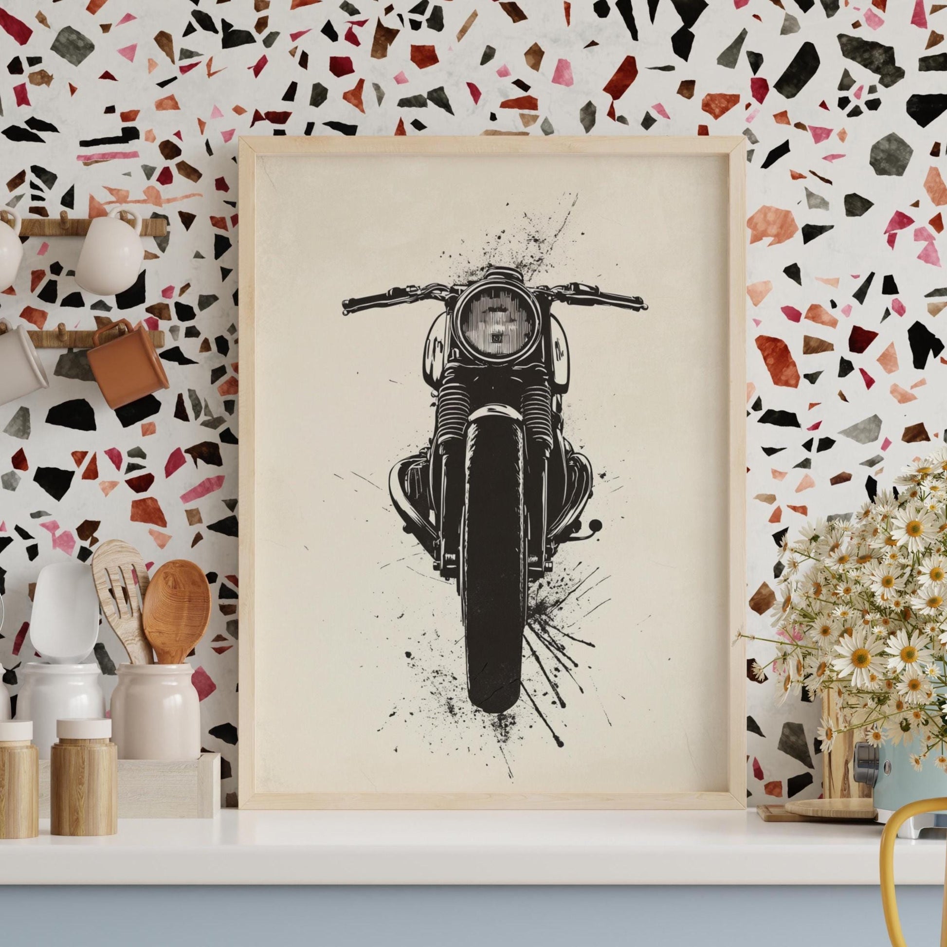 Cafe Racer Front View Poster – Minimalist Motorcycle Art Print, Black Ink Style Wall Decor, Biker Garage Gift, Bold Moto Artwork