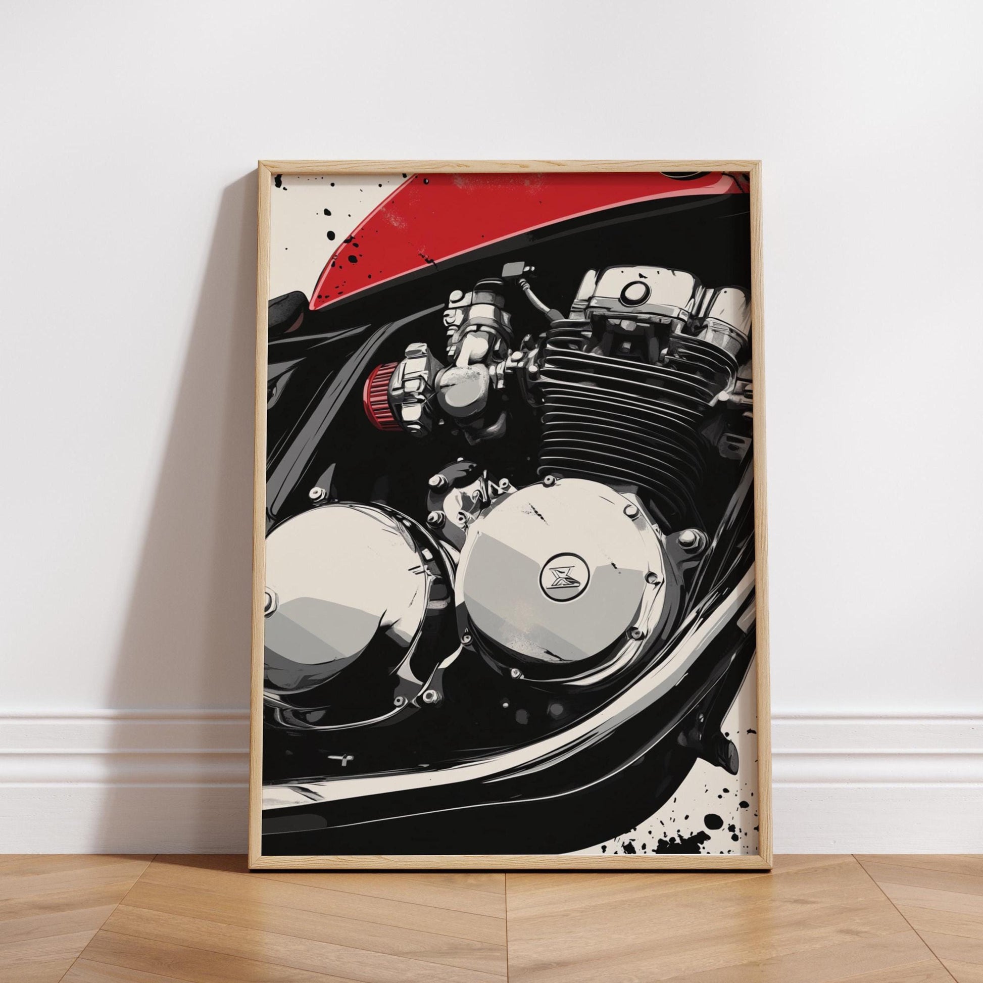 Cafe Racer Engine Poster – Detailed Motorcycle Wall Art, Red Tank Moto Print, Bold Mechanical Decor, Garage Gift for Biker Enthusiasts