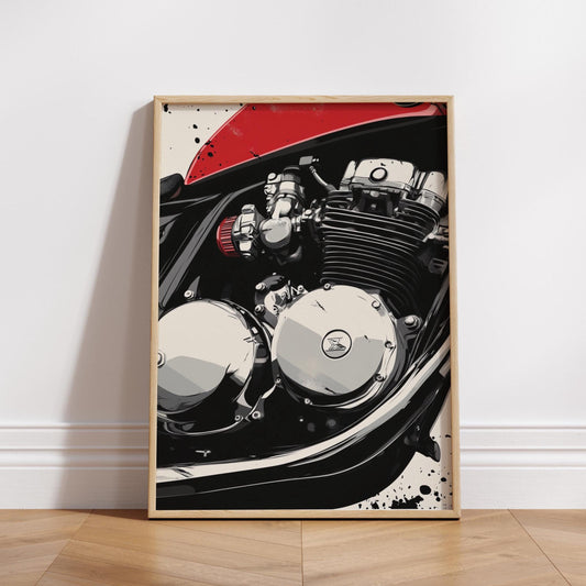 Cafe Racer Engine Poster – Detailed Motorcycle Wall Art, Red Tank Moto Print, Bold Mechanical Decor, Garage Gift for Biker Enthusiasts