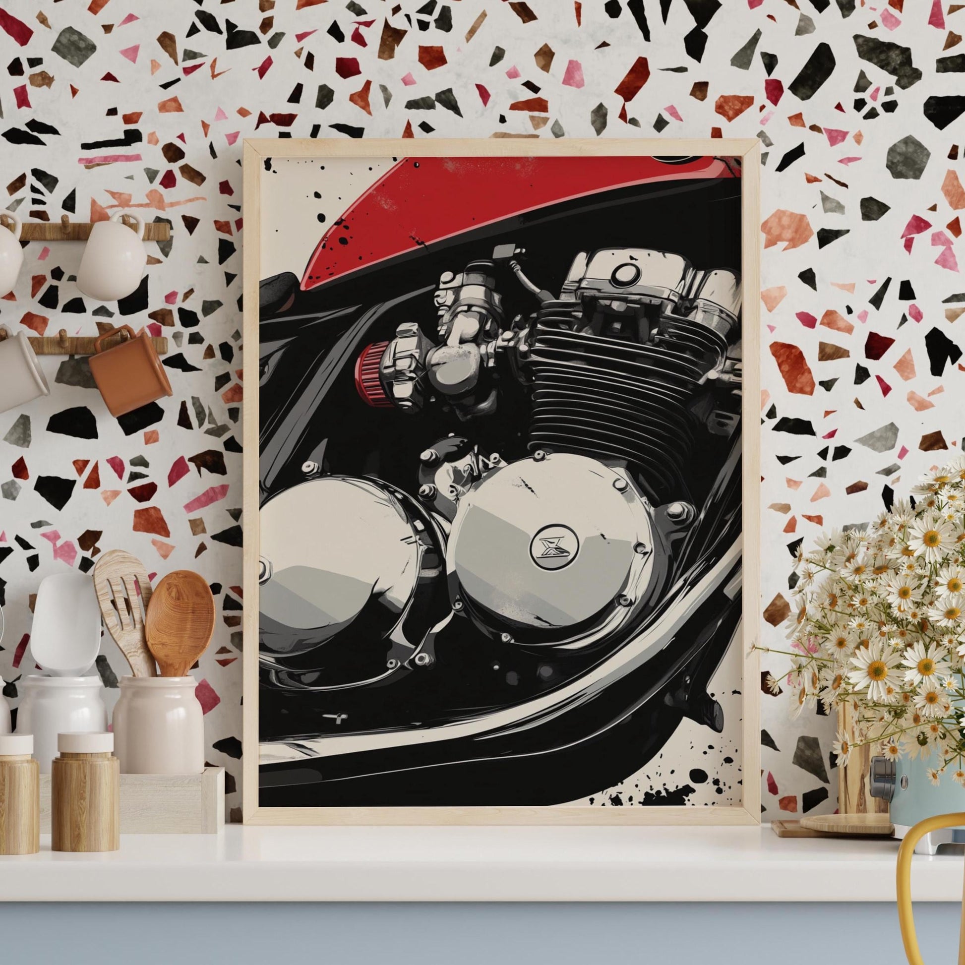 Cafe Racer Engine Poster – Detailed Motorcycle Wall Art, Red Tank Moto Print, Bold Mechanical Decor, Garage Gift for Biker Enthusiasts