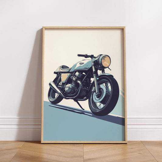 Cafe Racer Motorcycle Poster – Minimalist Vintage Bike Wall Art, Retro Honda Style Print, Cool Toned Garage Decor for Biker Enthusiasts