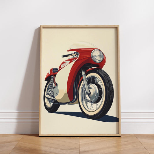 Retro Motorcycle Poster – Vintage Racer Bike Wall Art, Classic Red and Cream Moto Print, Minimalist Garage Decor for Motorbike Fans