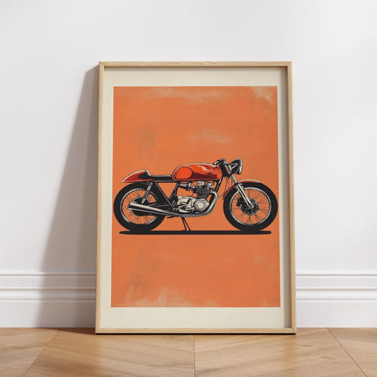 Cafe Racer Motorcycle Art – Retro Bike Wall Poster, Minimalist Orange Background Print, Vintage Moto Decor for Biker Garage or Man Cave