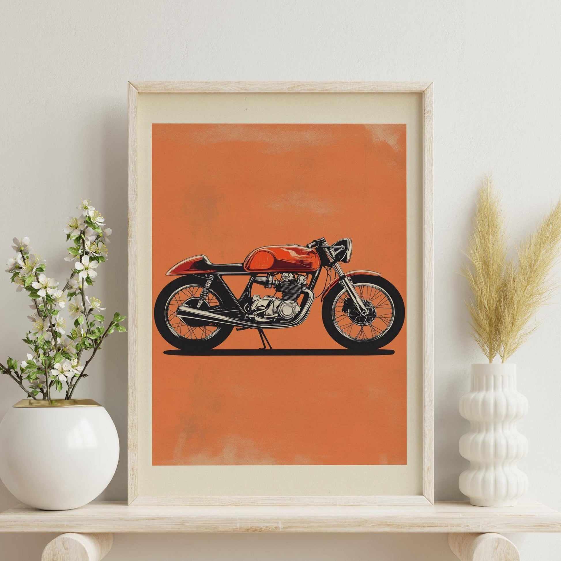 Cafe Racer Motorcycle Art – Retro Bike Wall Poster, Minimalist Orange Background Print, Vintage Moto Decor for Biker Garage or Man Cave