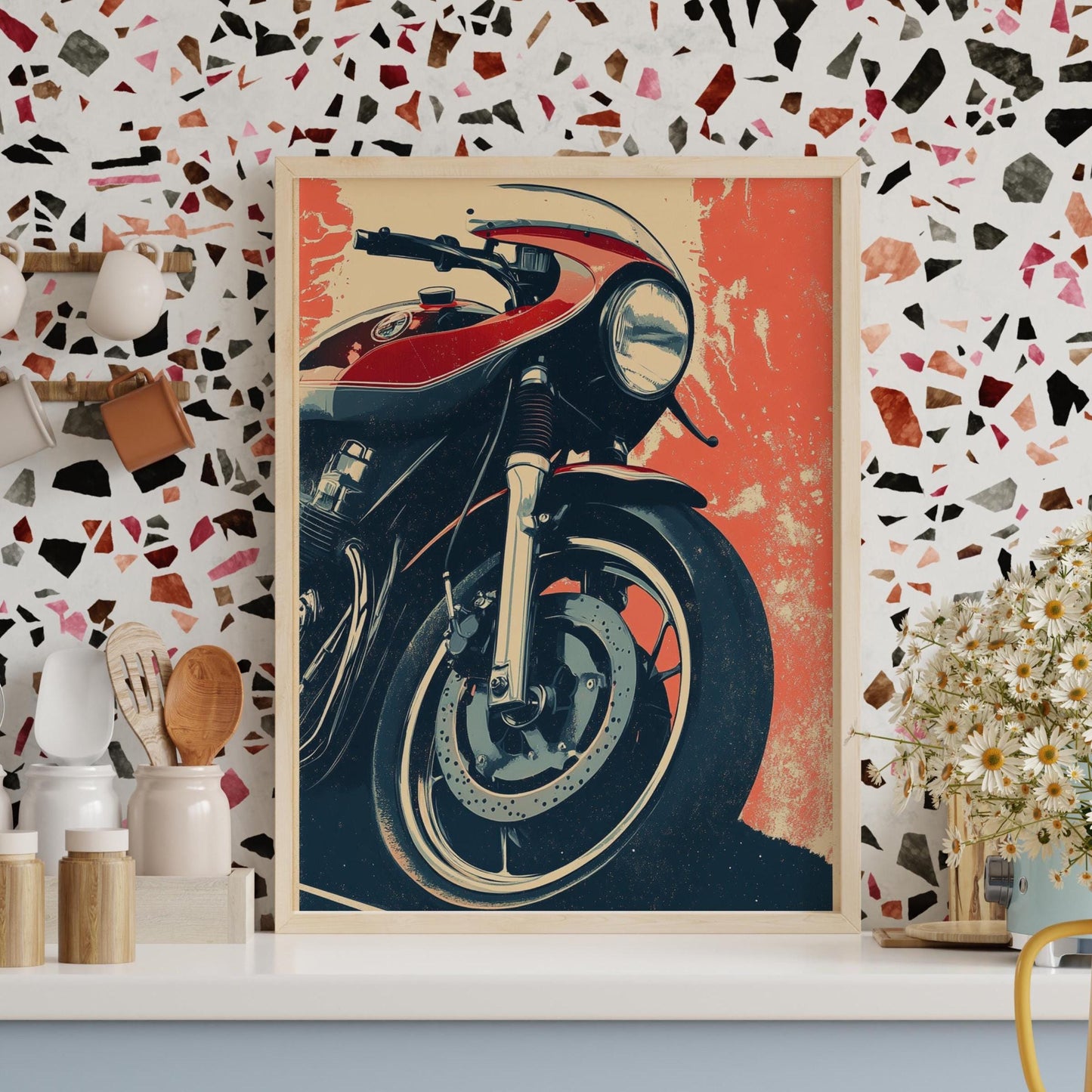 Cafe Racer Motorcycle Poster – Bold Red Wall Art Print, Retro Bike Front View, Modern Garage Decor, Gift for Biker or Moto Fan