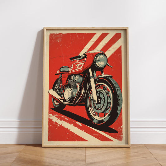 Red Cafe Racer Poster – Retro Motorcycle Wall Art, Bold Biker Print, Vintage Racing Bike Decor, Classic Moto Gift, Pop Art Garage Art