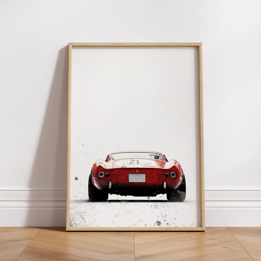 Vintage Race Car Poster – Minimalist Red Sports Car Wall Art, Rear View Auto Print, Classic Racing Decor, Garage Art, Car Lover Gift
