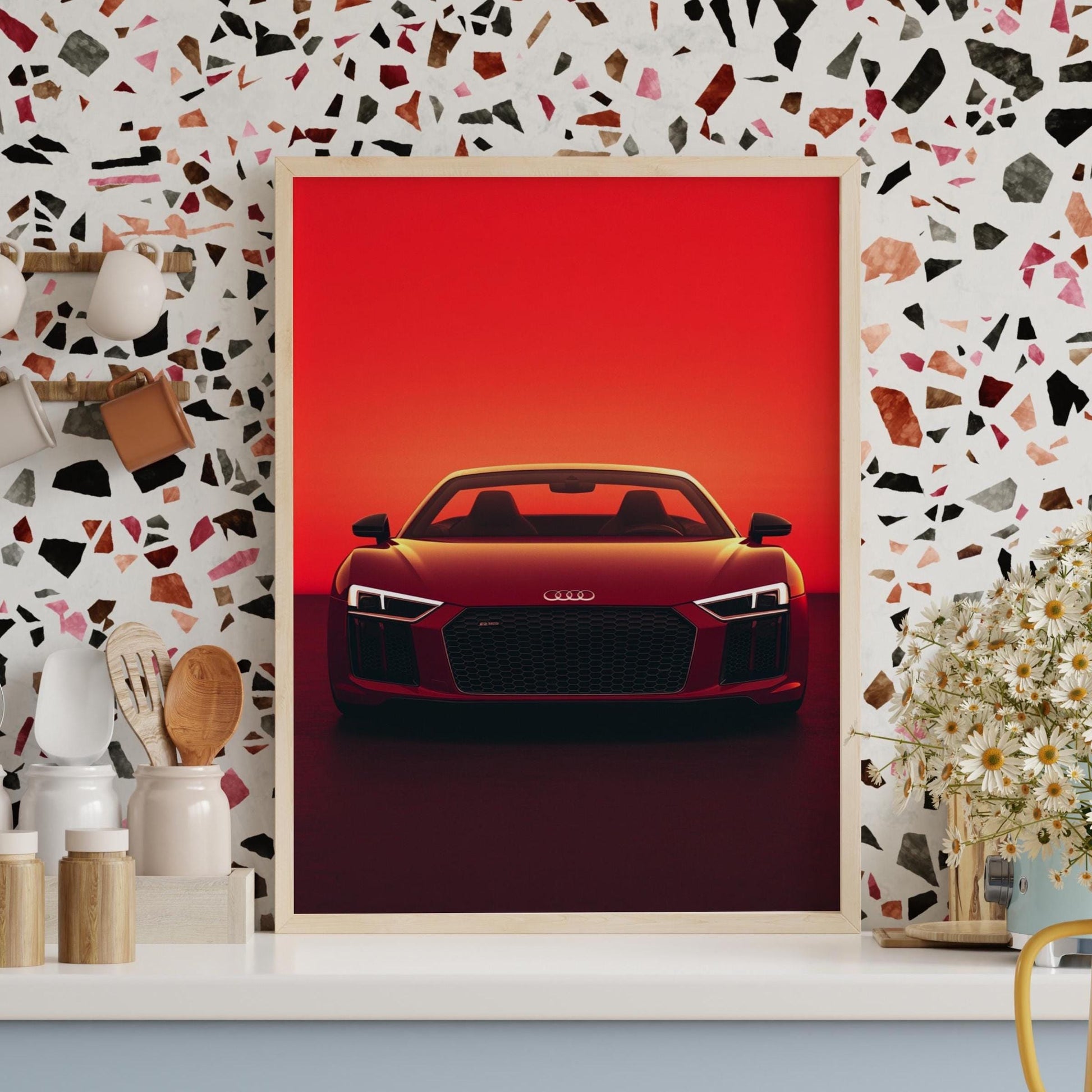Modern Red Sports Car Wall Art – Bold Aesthetic Automotive Poster, Minimalist Car Decor, Luxury Vehicle Print, Gift for Car Lovers