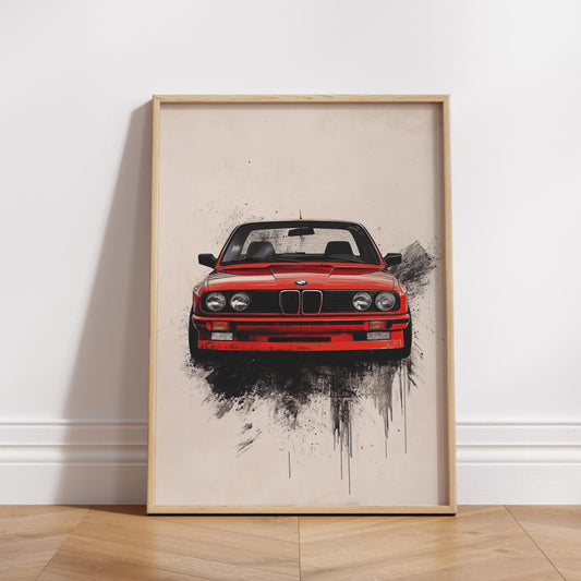 Retro German Car Poster – Minimalist Car Wall Art, Red Sports Coupe Print, Vintage Automotive Decor, Bold Garage Art, Car Lover Gift