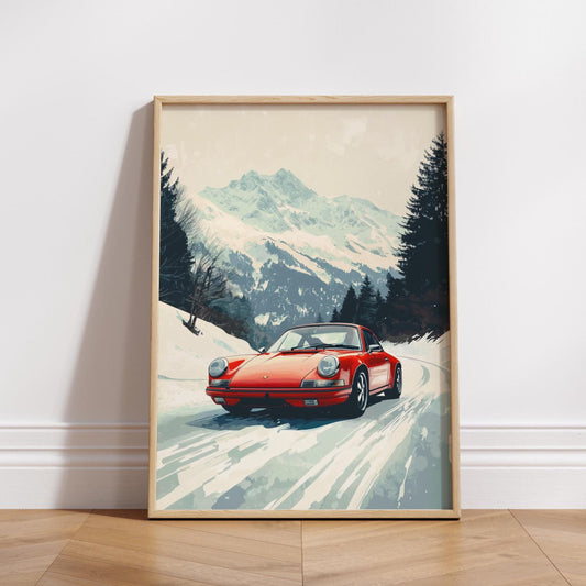 German Sports Car Winter Drive Poster – Snowy Mountain Road Wall Art, Vintage Car Print, Alpine Landscape Decor, Classic Porsche Gift