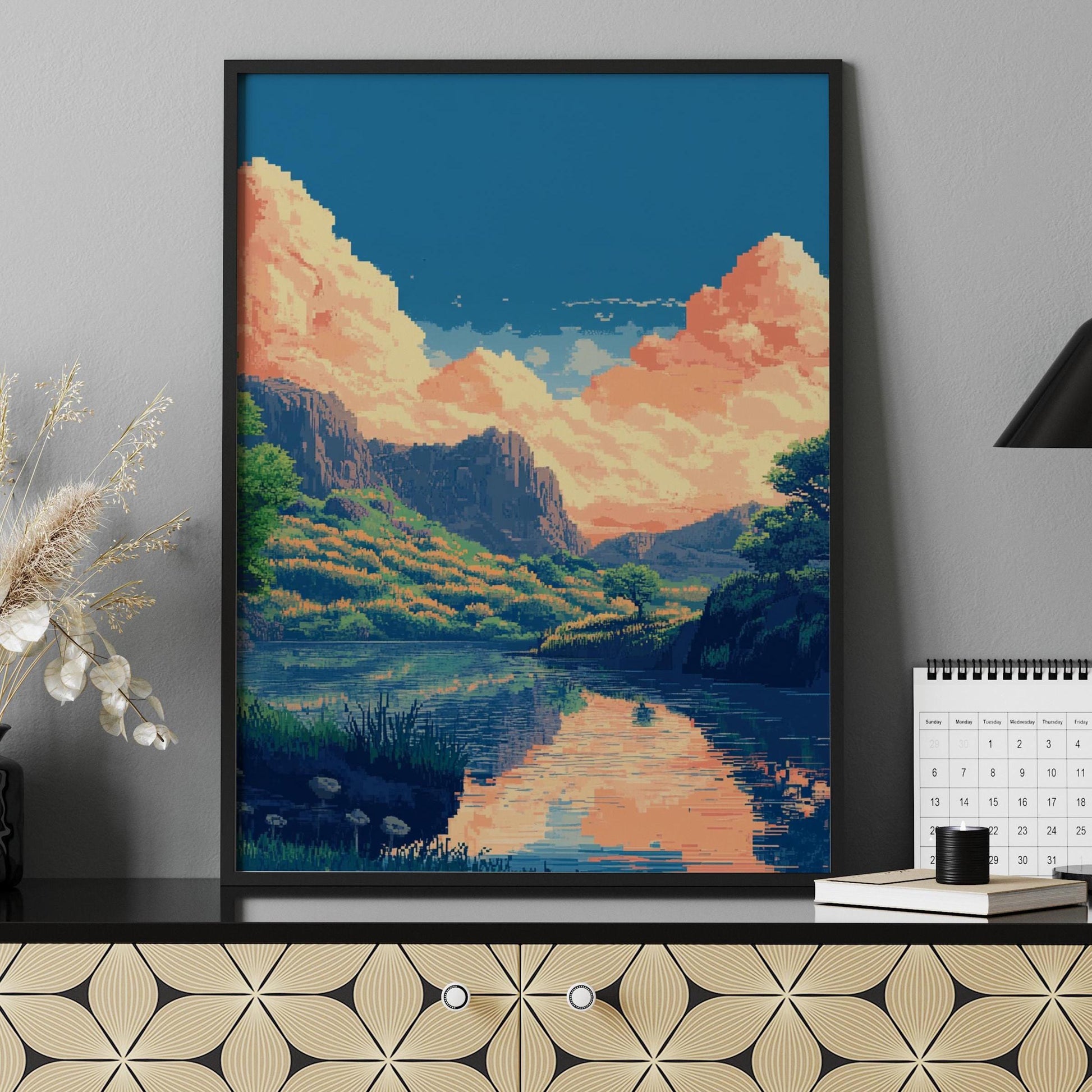 8-Bit Pixel Sunset River Poster – Retro Scenic Landscape Wall Art, Pixelated Nature Print, Indie Aesthetic Room Decor, Vaporwave Vibes