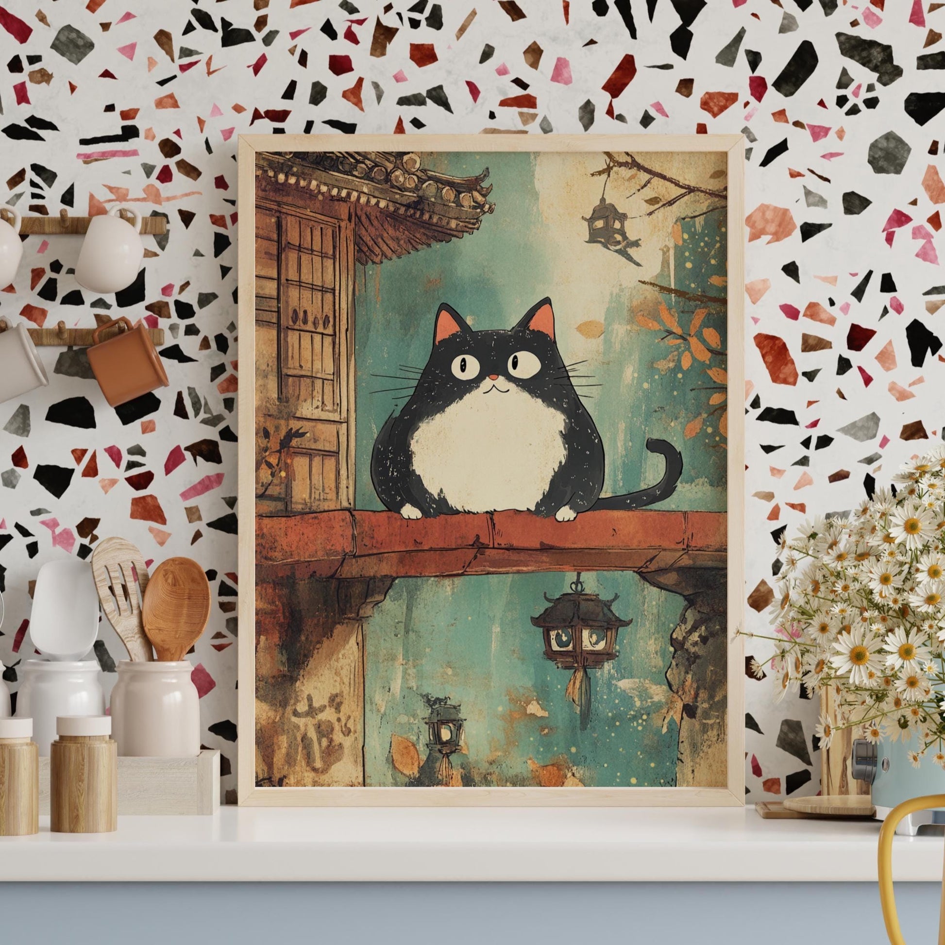 Whimsical Cat Wall Decor Poster, Matte Vertical Wall Art Print, Cozy Home Gift for Cat Lovers, Vintage Animal Art, Unique Cat Decor, Cute