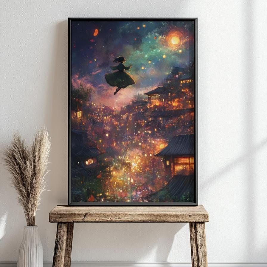 Whimsical Fantasy City Poster Art, Matte Vertical Posters for Home Décor, Magical Night Sky Wall Art, Girls Room Decoration, Anime Aesthetic