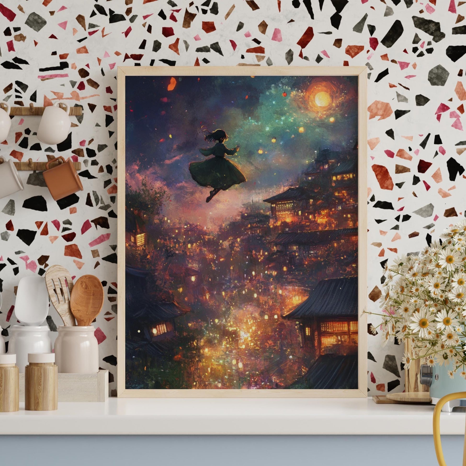 Whimsical Fantasy City Poster Art, Matte Vertical Posters for Home Décor, Magical Night Sky Wall Art, Girls Room Decoration, Anime Aesthetic