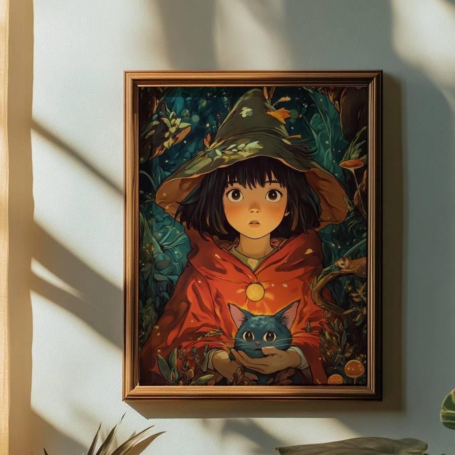 Whimsical Girl & Cat Posters - Enchanting Forest, Perfect for Kids Room, Aesthetic Wall Art, Gift for Nature Lovers, Cute Home Decor
