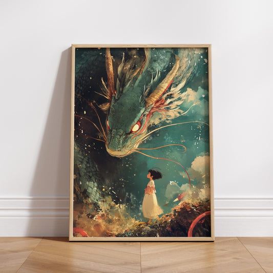 Dragon & Girl Poster, Magical Dragon Artwork, Whimsical Wall Decor, Anime-Inspired Print, Home Office Aesthetic, Ghibli Inspired