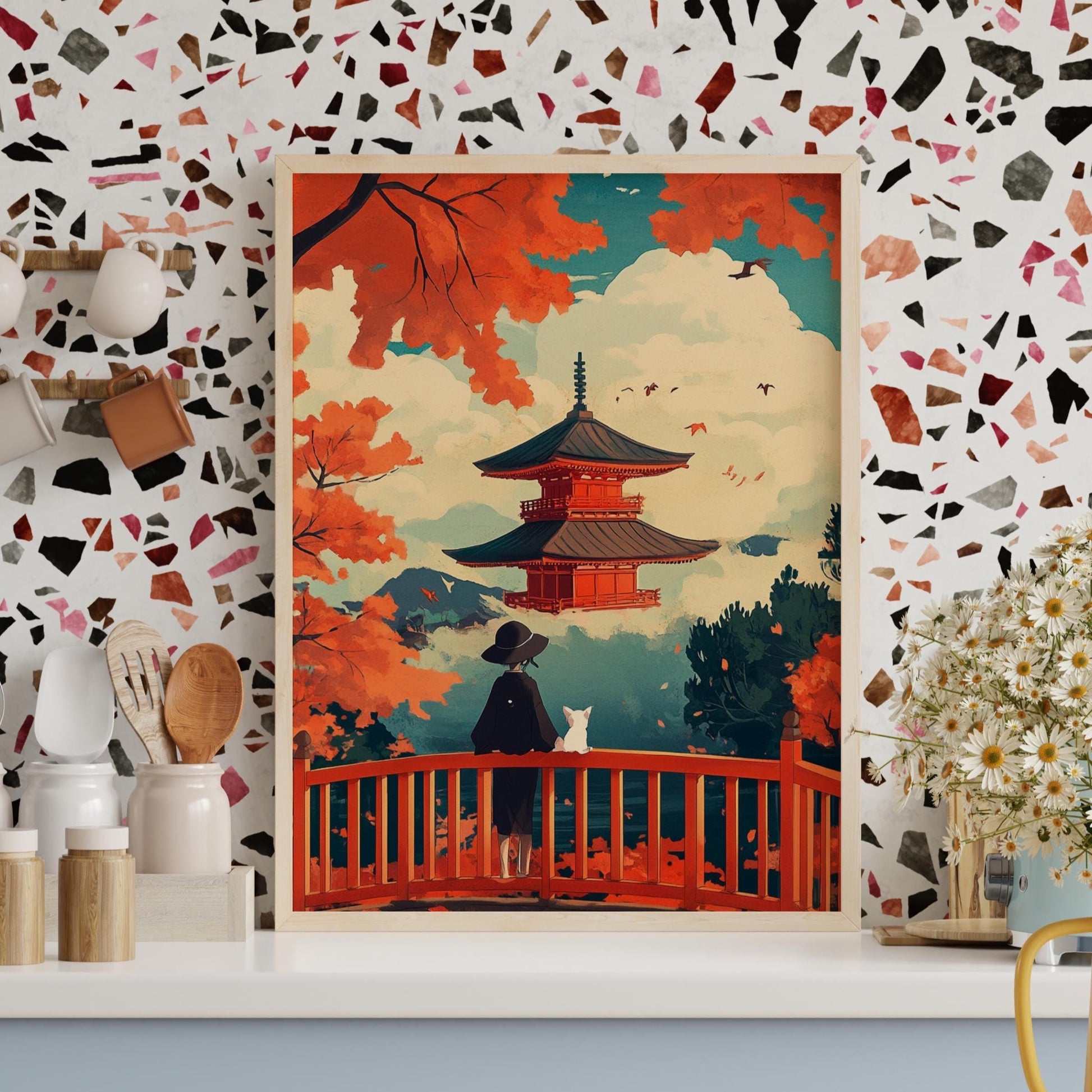 Japanese Temple Autumn Landscape Posters, Cozy Home Decor, Japanese Art, Fall Aesthetic, Wall Art for Relaxation
