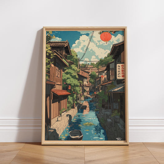 Japanese Village Canal Poster Art, Aesthetic Wall Decor, Ideal for Home, Office, Gifts, Japanese Culture