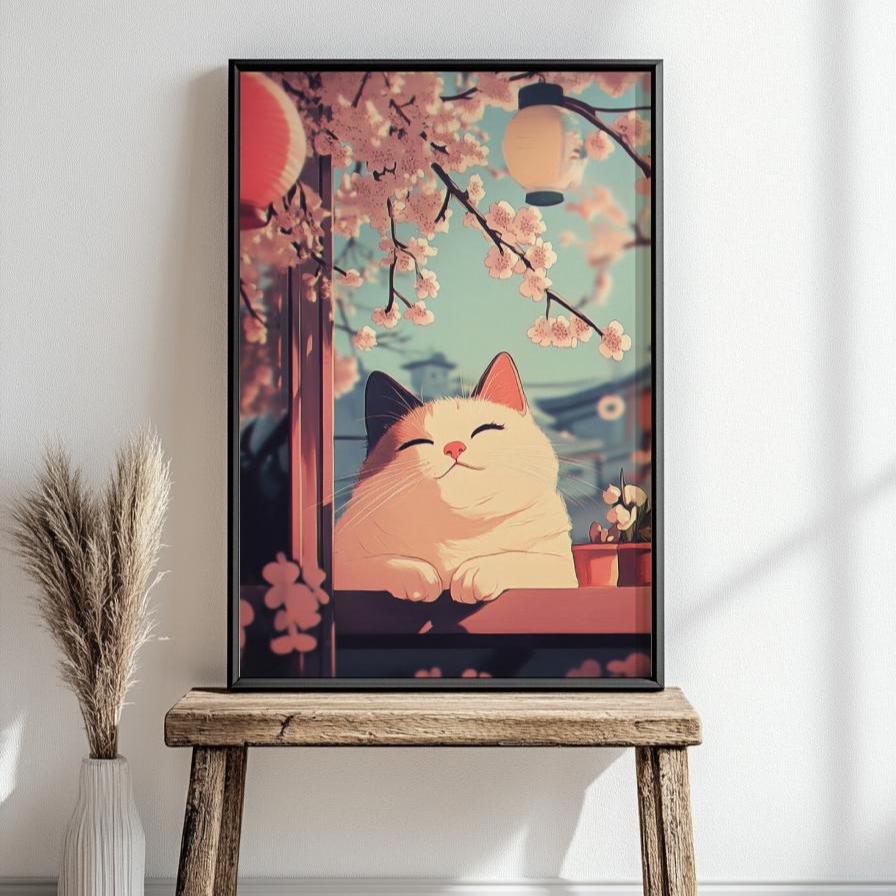 Kawaii Charming Cat Poster Art, Cozy Home Decor, Feline Lovers Gift, Floral Cat Wall Art, Unique Animal Print, Spring Aesthetic