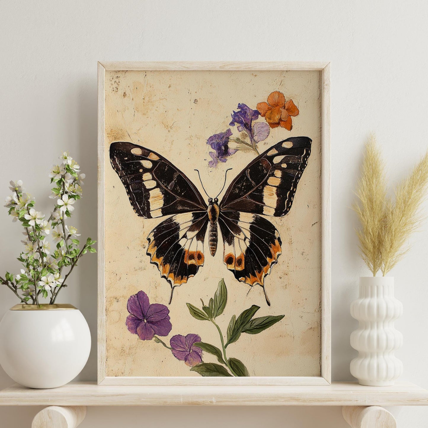 Boho Butterfly Wall Art – Vintage Botanical Insect Print with Flowers, Rustic Nature Poster for Cottagecore, Gallery or Natural Decor
